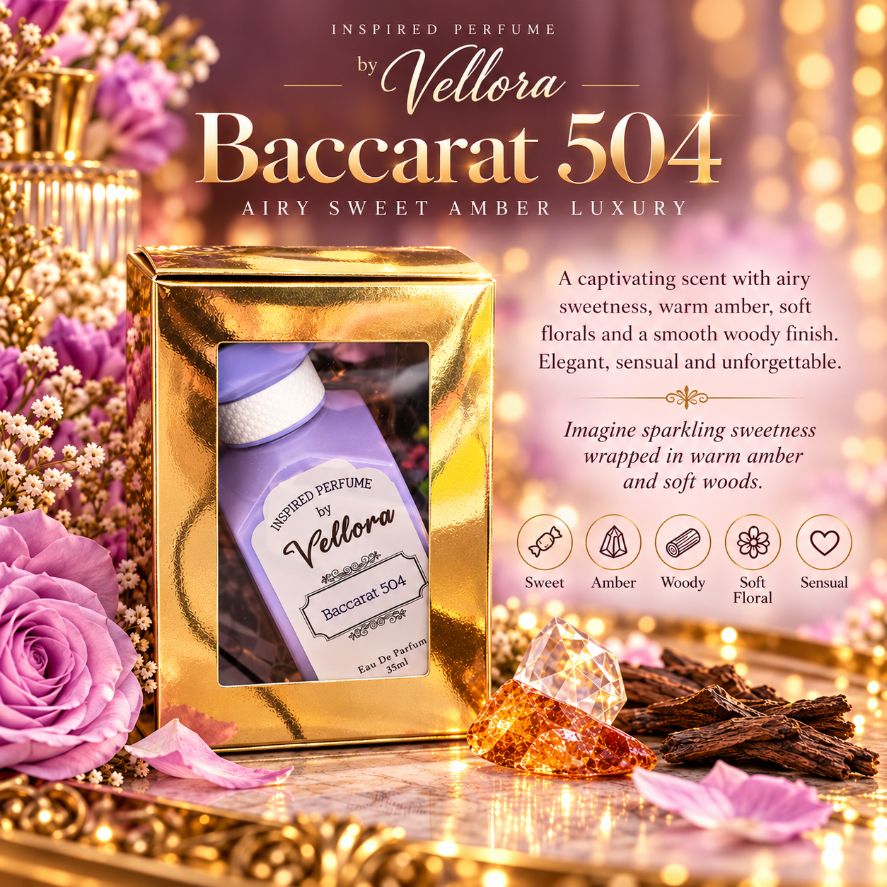 Vellora Baccarat 504 inspired perfume in its gold display box with lilac roses and fragrance note icons