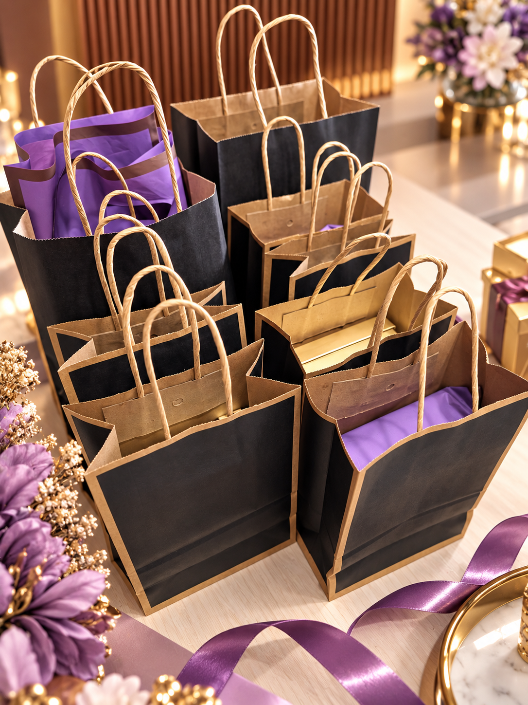 Vellora gift bags packed with purple tissue paper, gold ribbon and kraft trim